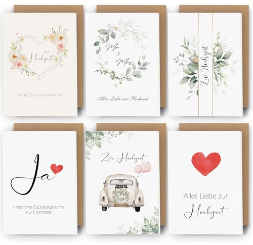 Premium Hochzeitskarte Set mit Hochwertigem Umschlag aus Kraftpapier (6 Stück) - Karte Hochzeit Modern, Glückwunschkarte Hochzeit Edel Personalisiert Schöne Hochzeit Geschenke für Brautpaar(12x17cm)