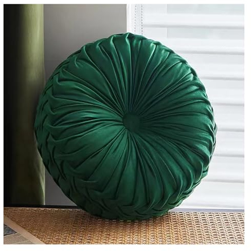 Fylldso Round Pumpkin Cushion - Handcrafted Pleated Throw Pillow, Velvet Filled Chair Cushion for Sofa, Bed, Floor, Car Decorative (Dark Green)