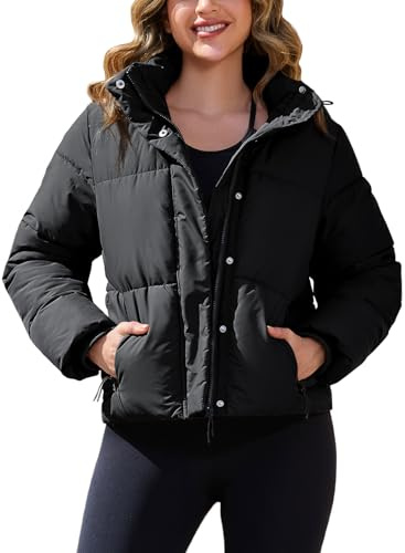 PEHMEA Women’s Cropped Puffer Jacket with Detachable Hood, Winter Warm Full Zip Up Down Coat(Black-M)