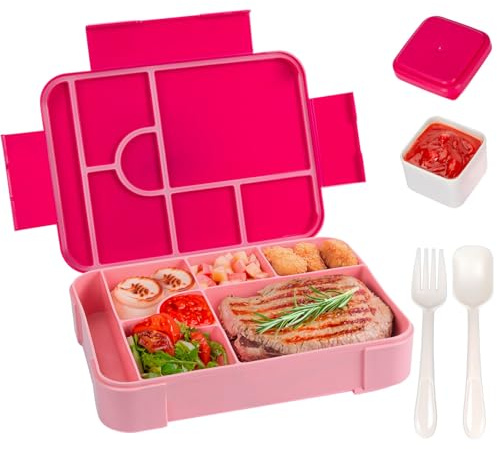 Fiambrera para Niños y Adultos Con Compartimentos - 1330 ml, Apta para Colegio, Microondas y Lavavajillas, a Prueba de Fugas Con Cuchara (Rojo Rosa)