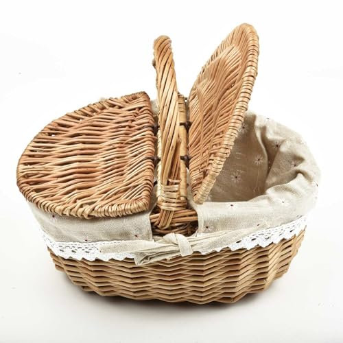 Feegow Traditioneller Weidenkorb mit Deckel, leerer Picknickkorb für den Außenbereich, mit Griff, Schaufensterkorb mit Baumwollfutter