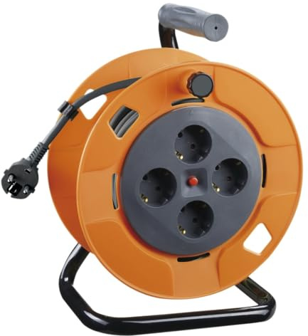 Enrollador extensible de 50m, 4 tomas, cable 3x1.5mm, IP20; ideal para uso en interiores y alimentación de dispositivos eléctricos.