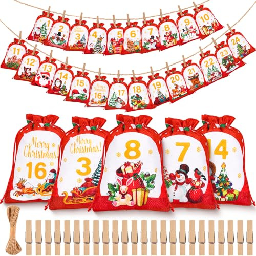 Calendario Avvento Fai da Te 2024, 18 x 13 cm Sacchetti Calendario Avvento da Riempire per Bambini Donna Uomo, Calendario Dell'avvento Calendario Avvento Vuoto Natale con Numeri, Clip, Corda di Canapa