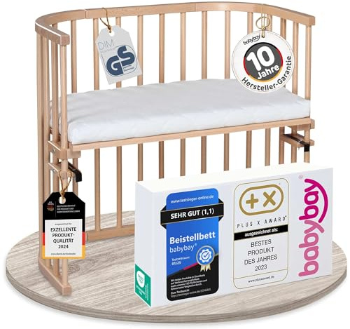 babybay Original Beistellbett aus massivem Buchenholz/kompakt & verwandelbar/Kinderbett Höhe stufenlos verstellbar & umweltfreundlich/mitwachsendes Babybett (Natur lackiert) / inkl. Matratze
