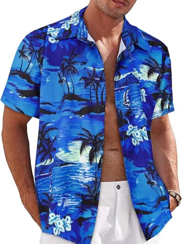 Mens Hawaiian Shirt Short Sleeve Button Down Summer Shirts,Blue Palm,XL