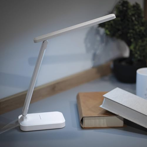 EMOS Lámpara de mesa LED AMY 5 W, brillo 200 lm, batería de iones de litio de 800 mAh, duración de 35 horas, diseño de piel, soporte para teléfono móvil, regulable, color de luz ajustable (3000 – 6500