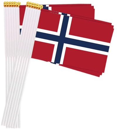 25 Packungen kleine Norwegen Flaggen auf Handheld Stick, Miniatur Norwegisch Flagge, 4x6 Zoll Mini Hand gehalten Banner mit goldenen Topper(Norway)
