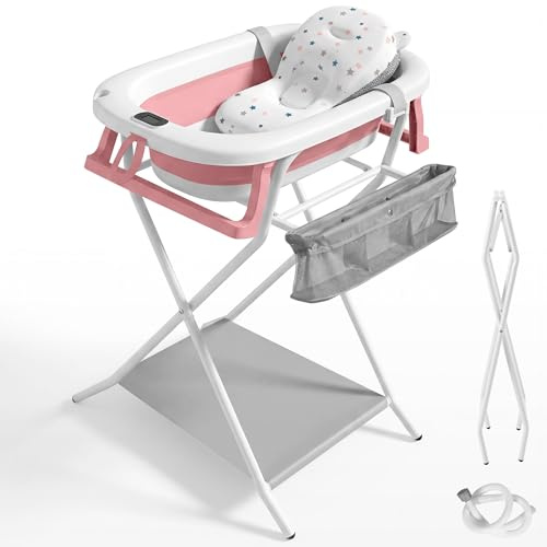 JUPPLIES Bañera Bebé Plegable con Cojín Ergonómico, Termómetro Digital y Patas Antideslizantes | Portátil, Compacta y Segura para Recién Nacido (Rosa, Con patas)