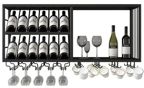 Schwebendes Weinregal, Wandmontage, Bar-Einheit mit Metall-Hängeregal für Likörflaschen und Weinglashalter, offene Wand, Barschrank, Lagerregal, schwarz, 100 x 30 x 45 cm