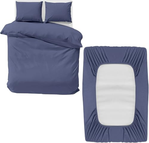 MOONLIGHT20015 Parure de lit double 4 pièces avec housse de couette, drap-housse et taies d'oreiller, en microfibre brossée douce, bleu délavé