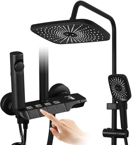 Dnkelar Colonne de Douche Noir, 27.5x19cm Douche de Tête et Haute Pression Douchette, Ensemble de Douche avec Mitigeur, Carré, Noir