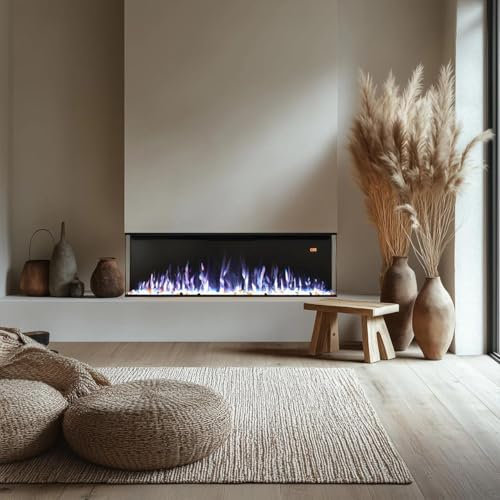 Omni-burn 127 cm 3 Side Electric Fireplace Insert Wall Mounted and Recessed, 13 Flame and Fuel Colour Options, 6 Fuel Bed Brightness Levels, 5 Flame Speeds, Automatic Temperature Control