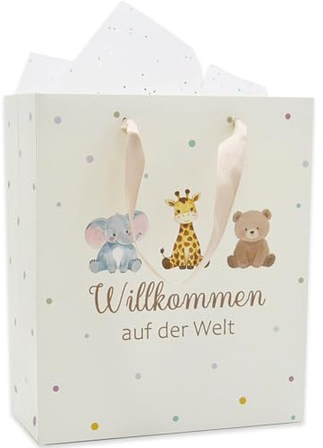 Geschenktüten zur Geburt Geschenktasche mit Henkel Papiertüten mit Griff Verpackung mit Seidenpapier Willkommen auf der Welt Babyparty Junge Mädchen Baby Shower