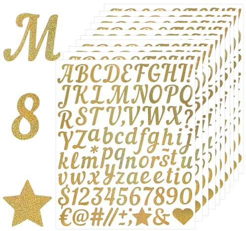 Solaverano 10 Fogli Adesivi Lettere con Lettere Autoadesive, Alfabeto Adesivi,Lettere Adesive in Vinile Stickers Lettere Adesive, per Biglietti di Auguri, Decorazioni Regalo, DIY Scrapbooking Oro