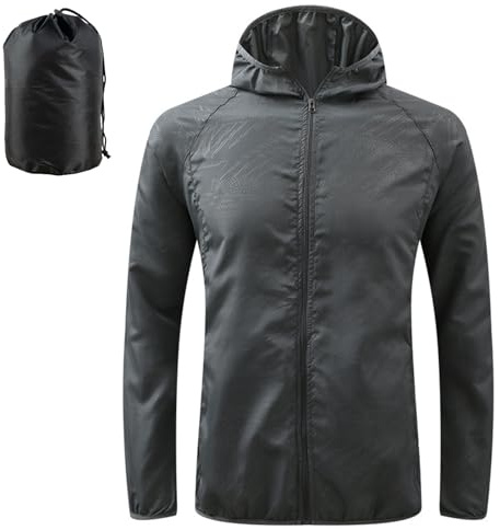 JiaYouLC Veste imperméable légère sans poche pour femme - Veste de pluie à capuche dans un sac - Protection solaire - Coupe-vent, Noir , L