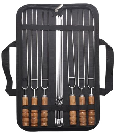 Brochetas para barbacoa – 10 piezas de palitos kebab barbacoa – Utensilios de parrilla platos sin óxido con asas de madera reutilizables para gambas bistec verduras