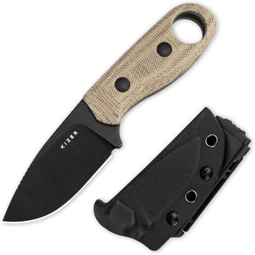 Kizer Beaver Kniv med Fast Blad och Slida, 7 cm D2 Stålblad EDC Kniv med Fast Blad för Camping med Brunt Micarta och Svart G10 Handtag, Små Bushcraft Överlevnads- och Jaktknivar, 1078M2