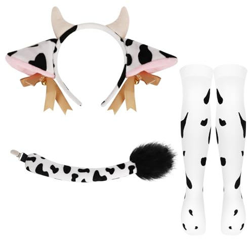 XEPST Kuh Kostüm Set, Cattle Stirnband Ohr Stirnband mit Glocken, Socken, Plüsch Schwanz für Tier Cosplay Haarband Kuh Kostüm Zubehör Tier Thema Geburtstag Halloween Party Zubehör