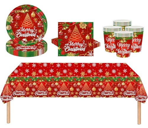 53Pcs Christmas Party Tableware Set for Table Decor, Red Green 137x274cm Large Plastic Tablecloth Christmas Red Party Paper Plates Cups Napkins Dinnerware Set for Xmas Favor Tableware