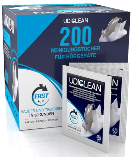 200 Reinigungstücher für Hörgeräte - Udiclean Feuchtreinigungstücher einzeln verpackt - schnelltrocknend - entfernt Fett Schweiß Schmutz