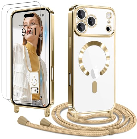 Ethanger für iPhone 17 Pro Hülle mit Band + 2 Schutzfolie, Gold | Handyband Transparent Silikon Handyhülle, Magnetische Schutzhülle Case zum Umhängen Kordel