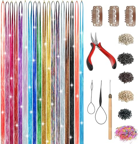 18 Farben Glitzer haarsträhnen,4680 Sparkle Tinsel Hair, 90cm Hair Tinsel Kit with Tools, Haar Lametta - Extensions Frauen Mädchen Cosplay Party Zubehör und Festivals(1 Farben/260 Hair Tinsel)