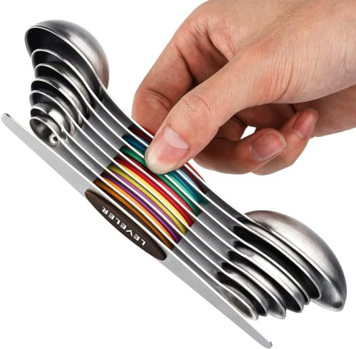 Magnetic Measuring Spoons Set of 8, Dual Sided Stainless Steel Stackable Teaspoon Tablespoon with Leveler, Fits in Spice Jars for Measuring Dry and Liquid Ingredients