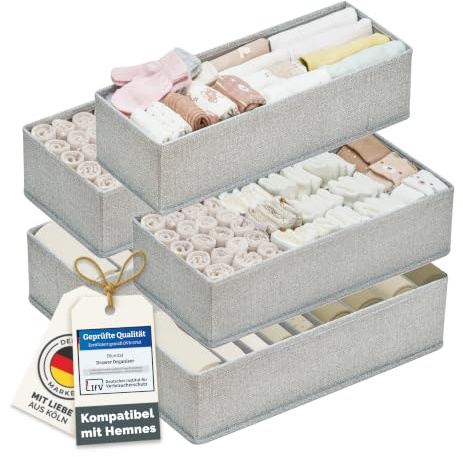 Blumtal Organizer Ordnungssystem Kleiderschrank 5er Set passend für HEMNES - 5 versch. Kleiderschrank Organizer für HEMNES Kommoden - Faltboxen für BHs, T-Shirts - Socken Aufbewahrung - Organizer Grau