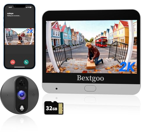 Bextgoo Mirilla Digital Puerta, 2K HD Videoportero WiFi con Mirilla Digital Puerta WiFi Grabadora, Batería 8000mAh, 170° Visión, Detección Humanoide AI, Audio Bidireccional, Tarjeta de 32 GB Incluida