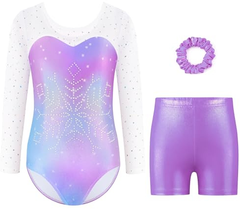 AODOKAT Gymnastics Leotards for Girls with Shorts Set, Long Sleeve/Sleeveless Dance Leotard Sparkle Ballet Dancewear for Kids 5-14 Years (Light Purple-long sleeved, 7-8 Years)