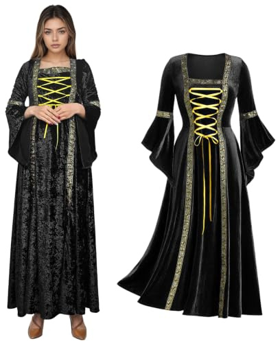 JDFAIJEAL Abito da donna retrò medievale con maniche a tromba, abito medievale in velluto vittoriano, abito rinascimentale irlandese, carnevale, Halloween, feste da principessa, Nero , XL