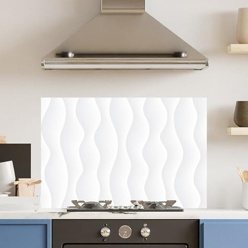Premium 90 x 60cm Wavy White Pattern 6mm Glass Toughened Kitchen Splashback