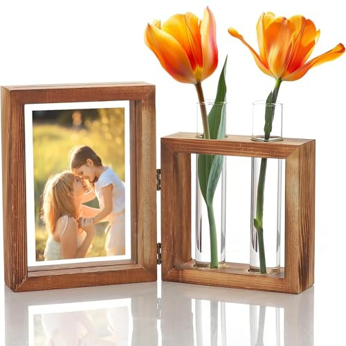 HSYTEK Holzrahmen Faltbar, 13x9 cm Hölzerner Bilderrahmen, Fotorahmen mit Reagenzglas Vase für Wasserpflanzen Blumen, Holzrahmen für Wohnzimmer, Arbeitszimmer, Heimdekoration (Holzfarbe)
