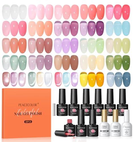 PEACECOLOR 25PCS Esmaltes Semipermanentes para Uñas, 22 Colores Pintauñas Semipermanente Crystal Jelly Blanco Rosa Morado Verde y Plateado Ojo de Gato Cat Eye Gel Polish con Capa Top y Base Kit