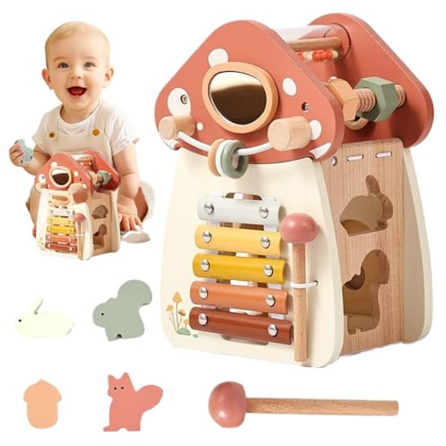 Cubo de actividades para bebés en forma de hongo 5 en 1, juguetes de madera para bebés, clasificador de formas de aprendizaje educativo, cubo de actividades para niños, niños y niñas, cumpleaños