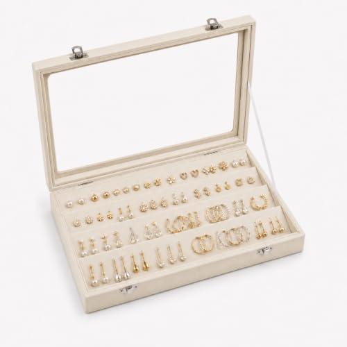 ORGENYOYO 40 Pairs Earring Storage Organiser,Velvet Jewellery Tray with Lid | Women Earring Box,Fits Studs,Drop Earrings and Dangle Earrings,Dust-proof Glass Top,Lockable Design,for Jewellery Collector