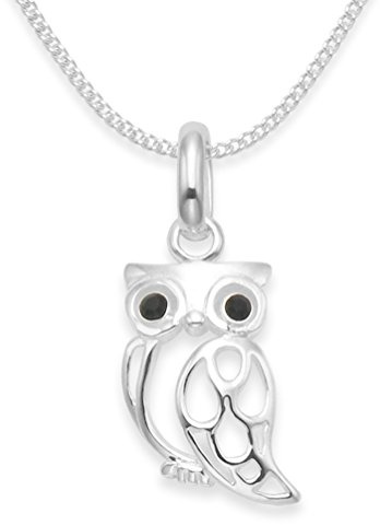 Sterling Silver Owl Necklace on Silver chain with black Cubic Zirconia eyes - SIZE: Small - 8mm x 14mm 8239BKZ/16
