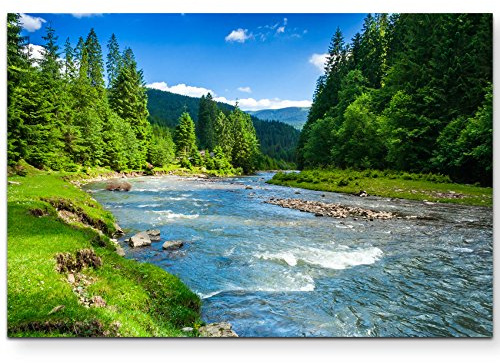 Eau Zone Wandbild auf Leinwand 120x80cm wunderschöne Landschaft mit Bergen, Wald und Bach