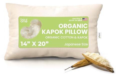 Bean Products Japanese Pillow with Pillowcase - Organic Kapok Filled Soft Neck Pillow with Organic Cotton Case - Hypoallergenic and Breathable Pillowcase with Zipper - Made in the USA, 14 x 20