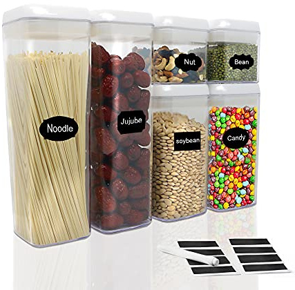 FurnitureXtra Stackable Kitchen Food Storage for Cupboards and Pantries - Clear Plastic Containers with Lids BPA Free Comes with Labels and Markers(Set of 6)