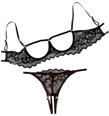 Lilosy Women's Sexy Underwire Floral Lace Sheer Bachelorette Lingerie Set See Through Bra and Panty 2 Piece Black Medium