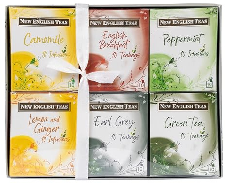 New English Teas Fruit & Herbal Tea Sampler Box with 60 Tea Bags | Caffeine Free, Hot or Iced Tea, Office Sharing, Wellness Gift Box, Relax Pamper Treatment