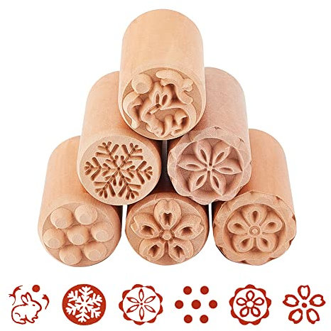 OLYCRAFT 6 STÜCK Holzstempelset Blumen- Und Kaninchenförmige Säule Holzstempel Natürliche Holzstempel Für Geburtstagsgeschenk Zum Valentinstag Aus Ton - Sechs Formen (2 x 1 Zoll)