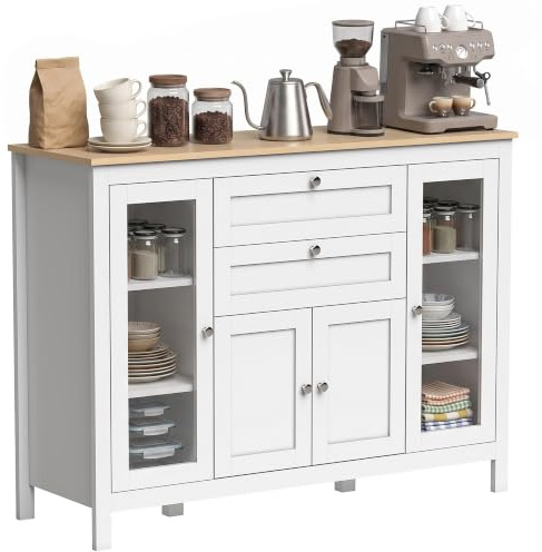 HOMCOM Aparador de Cocina con Armario 2 Cajones 120x40x90 cm Blanco | 2 Puertas de Vidrio, Estantes Ajustables, Muebles Auxiliares de Cocina, Almacenaje, Comedor Salón