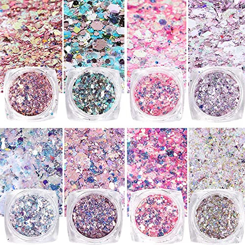 GZMAYUEN Glitzer für Nägel Splitter Violett Nail Art Glitter 8Pcs Rosa Nagel Glitzer Glitzerpulver Nail Sequin Flakes Set