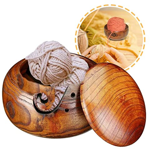 ATB-GIFT Garnschale aus Holz, Garnschüssel mit Deckel, Wollhalter, Handgefertigte Webfadenschüssel zum Stricken/Häkeln(16 * 7CM)