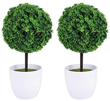2pcs Small Artificial Plants Mini Fake Boxwood Topiary Tree Decoration Artificial Ball Shaped Tree Bonsai Grass Ball Greenery in Pots for Home Office
