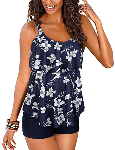 DOULAFASS Women Ruffle Tankini Set with Boyshort 2 Piece Plus Size Swimsuit Swimwear