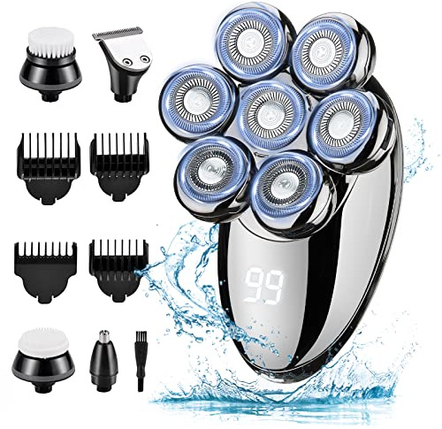 Ssmnr Rasoio Elettrico Uomini, 5 in 1 Rasoi a Teste Rotanti, IPX7 Impermeabile Ricaricabile Secco e bagnato Set testa calva Naso Con schermo LED Spazzola per il Viso
