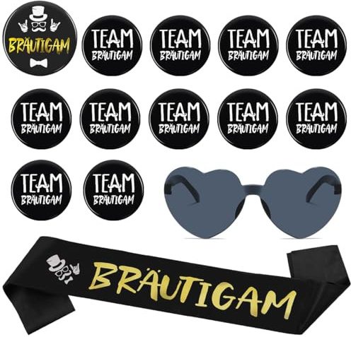 WELLXUNK 14Pcs JGA Deko Männer Bräutigam Schärpe Button Set, Bräutigam Satin Schärpe mit 1 Bräutigam Abzeichen und 11 Team Bräutigam Button Anstecker, 1 Brille für Junggesellenabschied, Hochzeiten